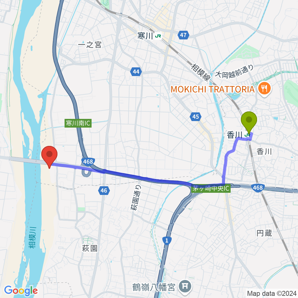 香川駅から田端スポーツ公園多目的運動場へのルートマップ地図