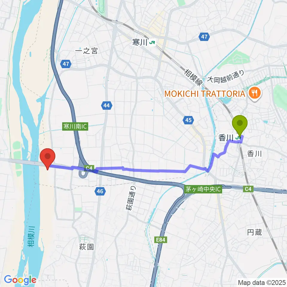 香川駅から田端スポーツ公園多目的運動場へのルートマップ地図