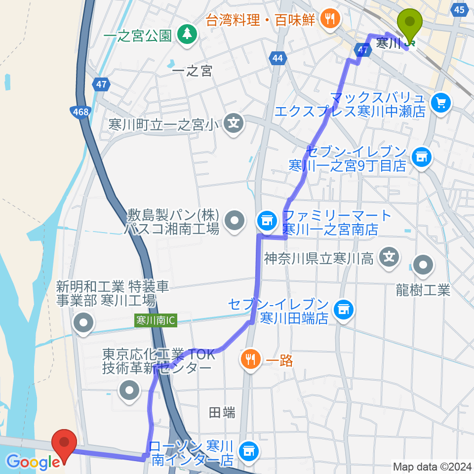 田端スポーツ公園多目的運動場の最寄駅寒川駅からの徒歩ルート（約36分）地図