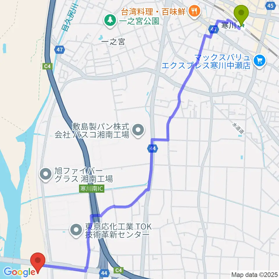 田端スポーツ公園多目的運動場の最寄駅寒川駅からの徒歩ルート（約36分）地図