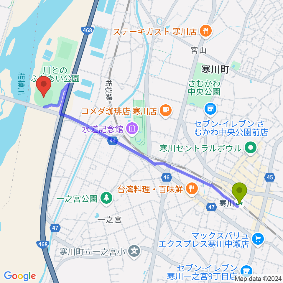 寒川駅から川とのふれあい公園野球場へのルートマップ地図