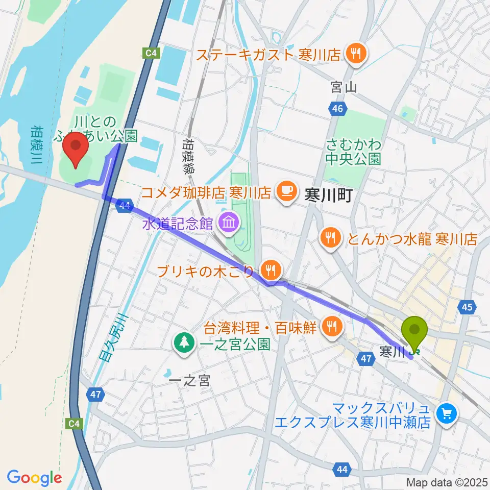 寒川駅から川とのふれあい公園野球場へのルートマップ地図