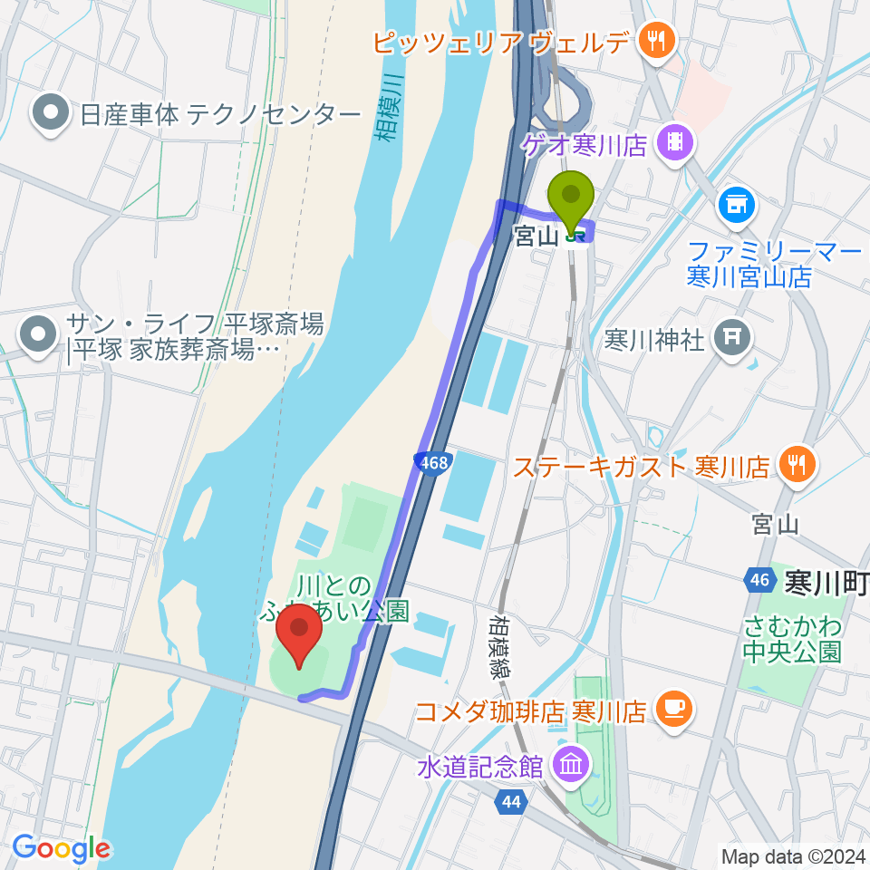 川とのふれあい公園野球場の最寄駅宮山駅からの徒歩ルート（約18分）地図