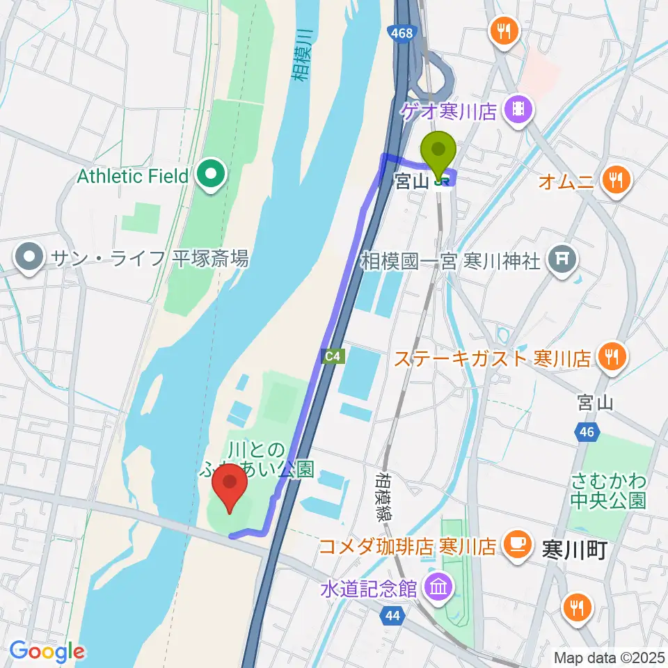 川とのふれあい公園野球場の最寄駅宮山駅からの徒歩ルート（約18分）地図