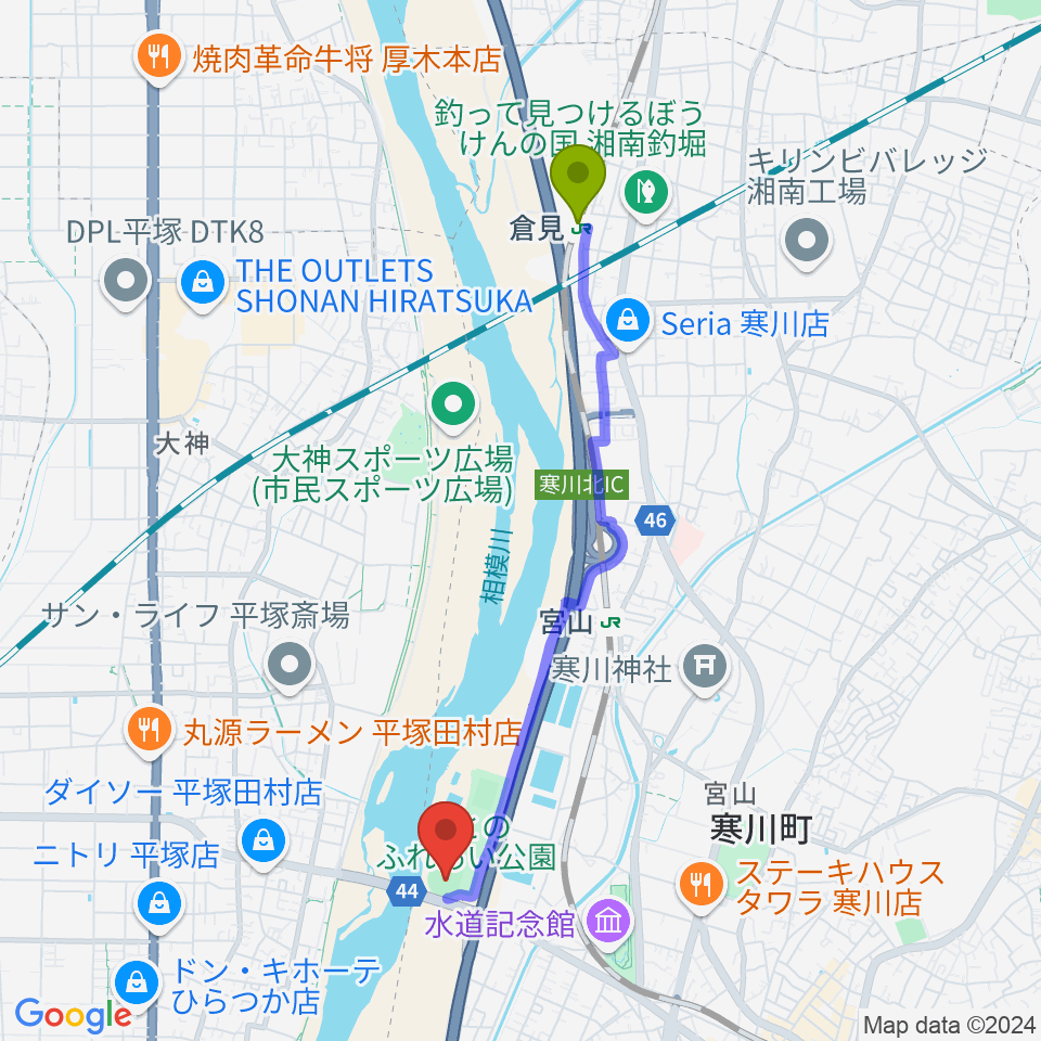 倉見駅から川とのふれあい公園野球場へのルートマップ地図