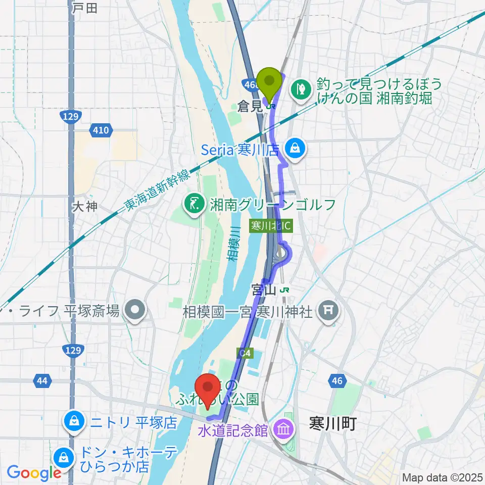 倉見駅から川とのふれあい公園野球場へのルートマップ地図