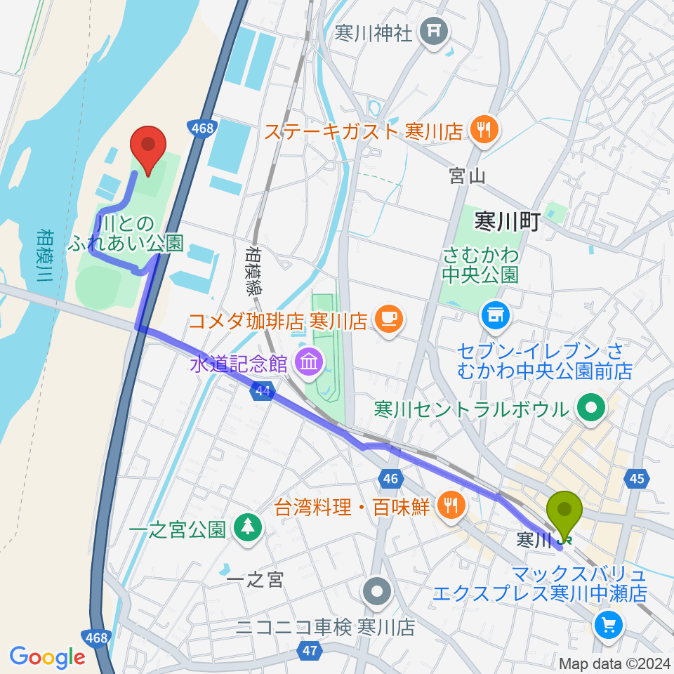 寒川駅から川とのふれあい公園サッカー場へのルートマップ地図