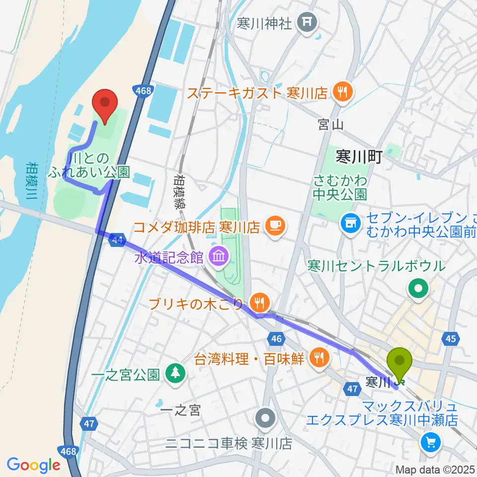 寒川駅から川とのふれあい公園サッカー場へのルートマップ地図