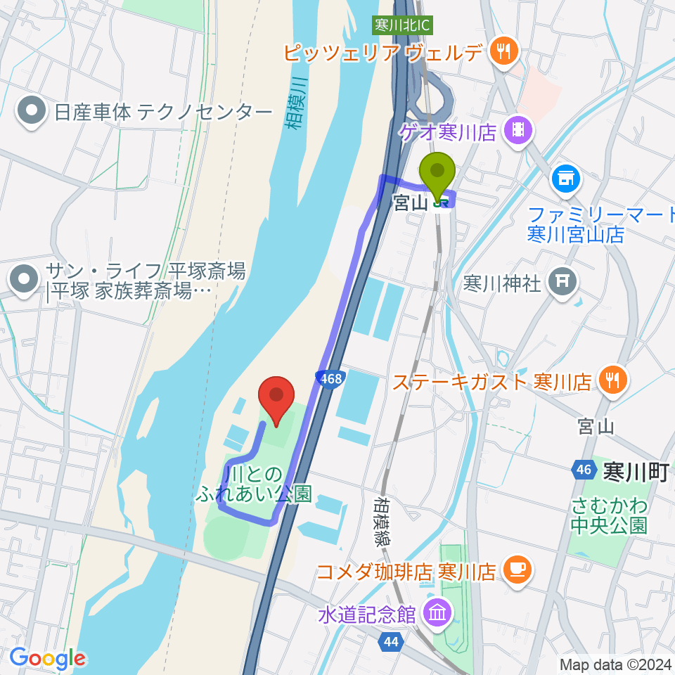 川とのふれあい公園サッカー場の最寄駅宮山駅からの徒歩ルート（約13分）地図