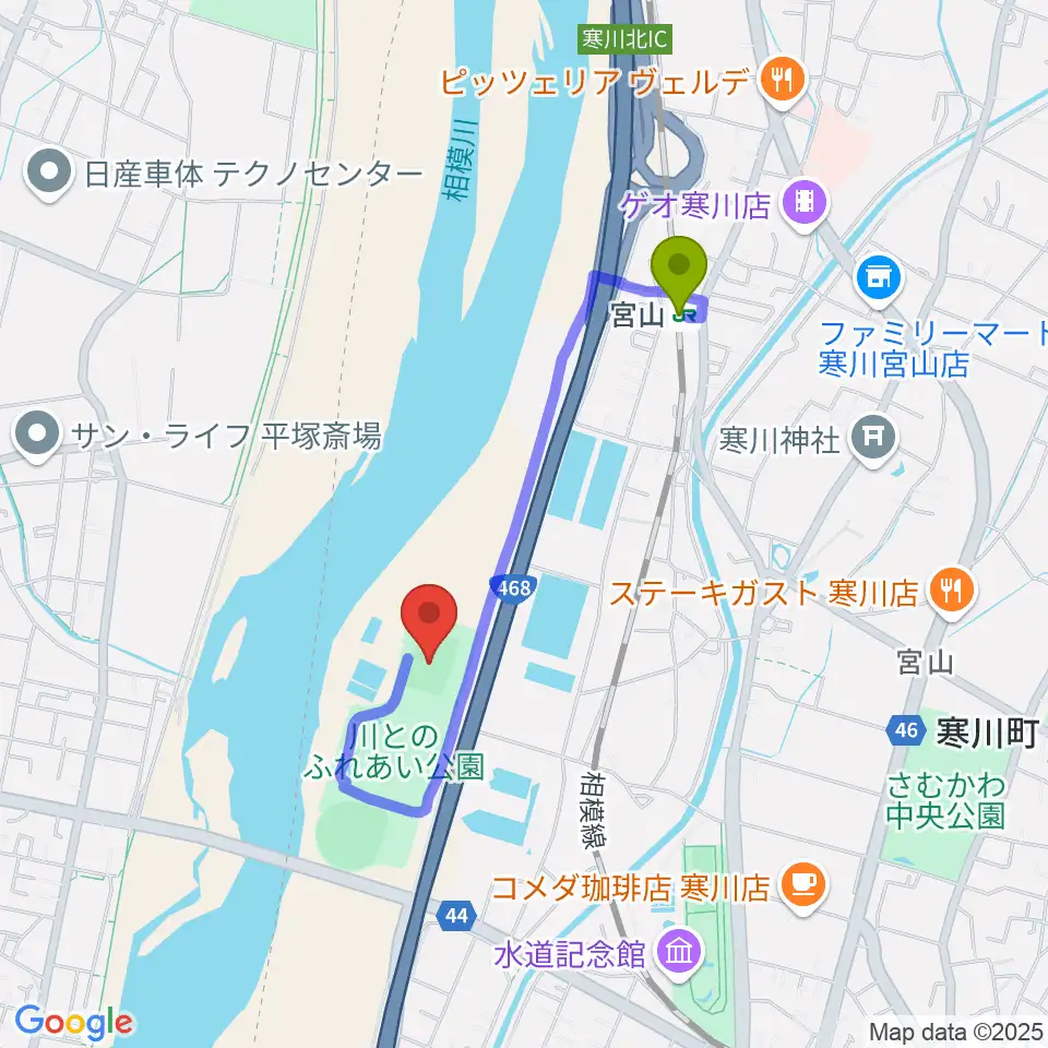 川とのふれあい公園サッカー場の最寄駅宮山駅からの徒歩ルート（約13分）地図