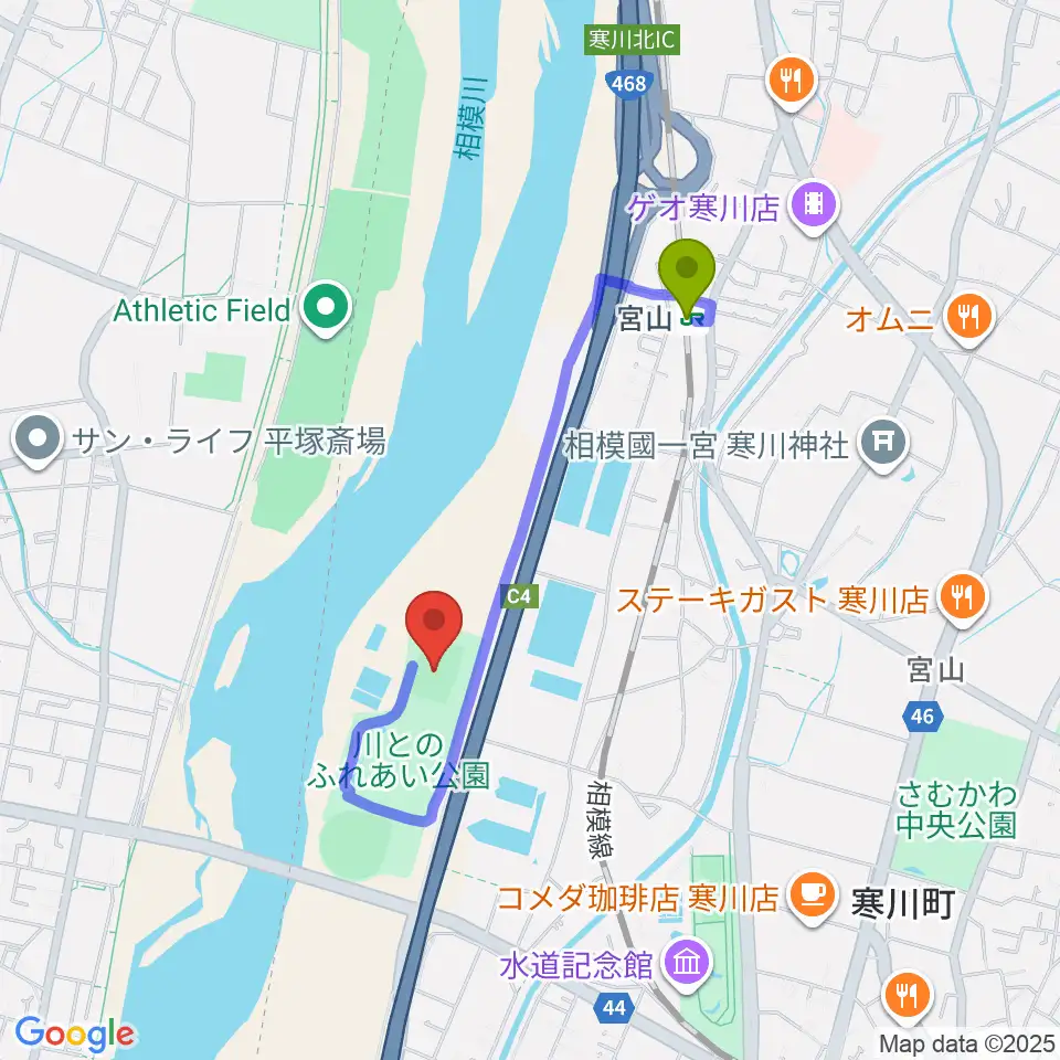 川とのふれあい公園サッカー場の最寄駅宮山駅からの徒歩ルート（約13分）地図
