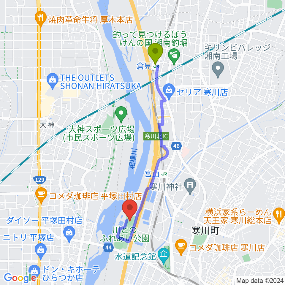 倉見駅から川とのふれあい公園サッカー場へのルートマップ地図