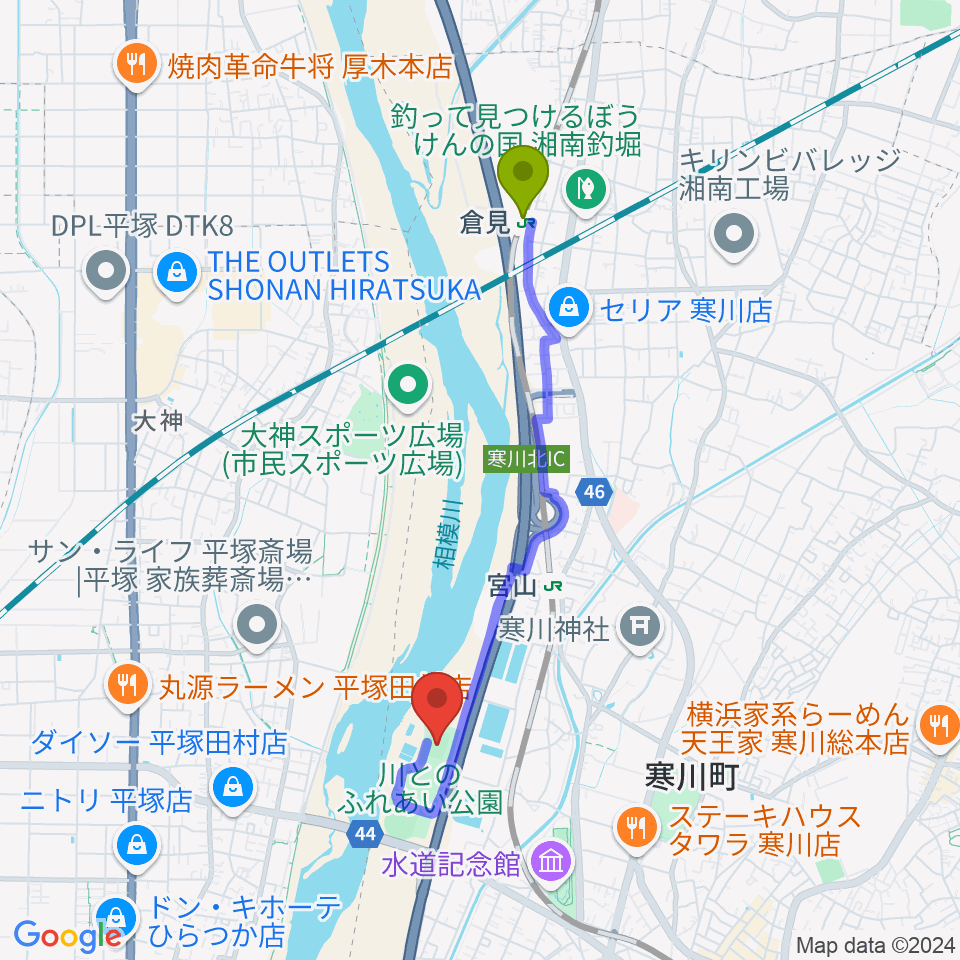 倉見駅から川とのふれあい公園サッカー場へのルートマップ地図