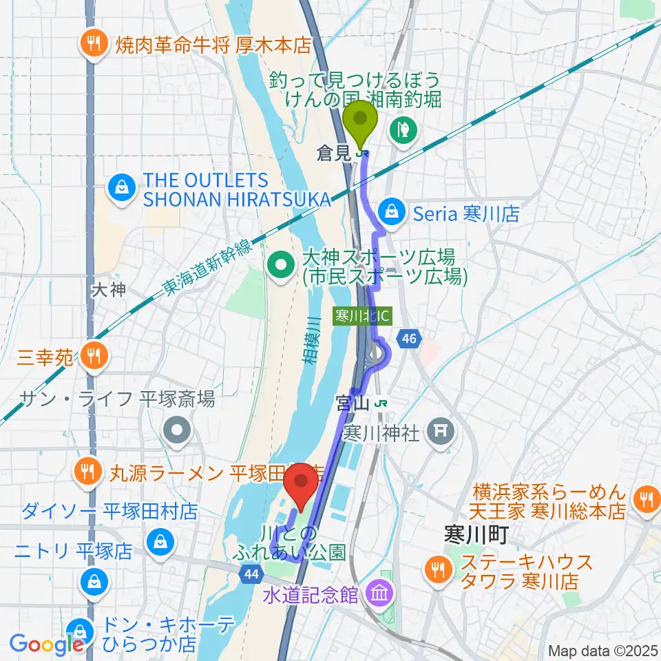 倉見駅から川とのふれあい公園サッカー場へのルートマップ地図