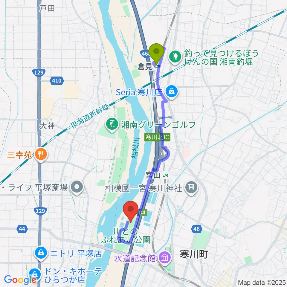 倉見駅から川とのふれあい公園サッカー場へのルートマップ地図