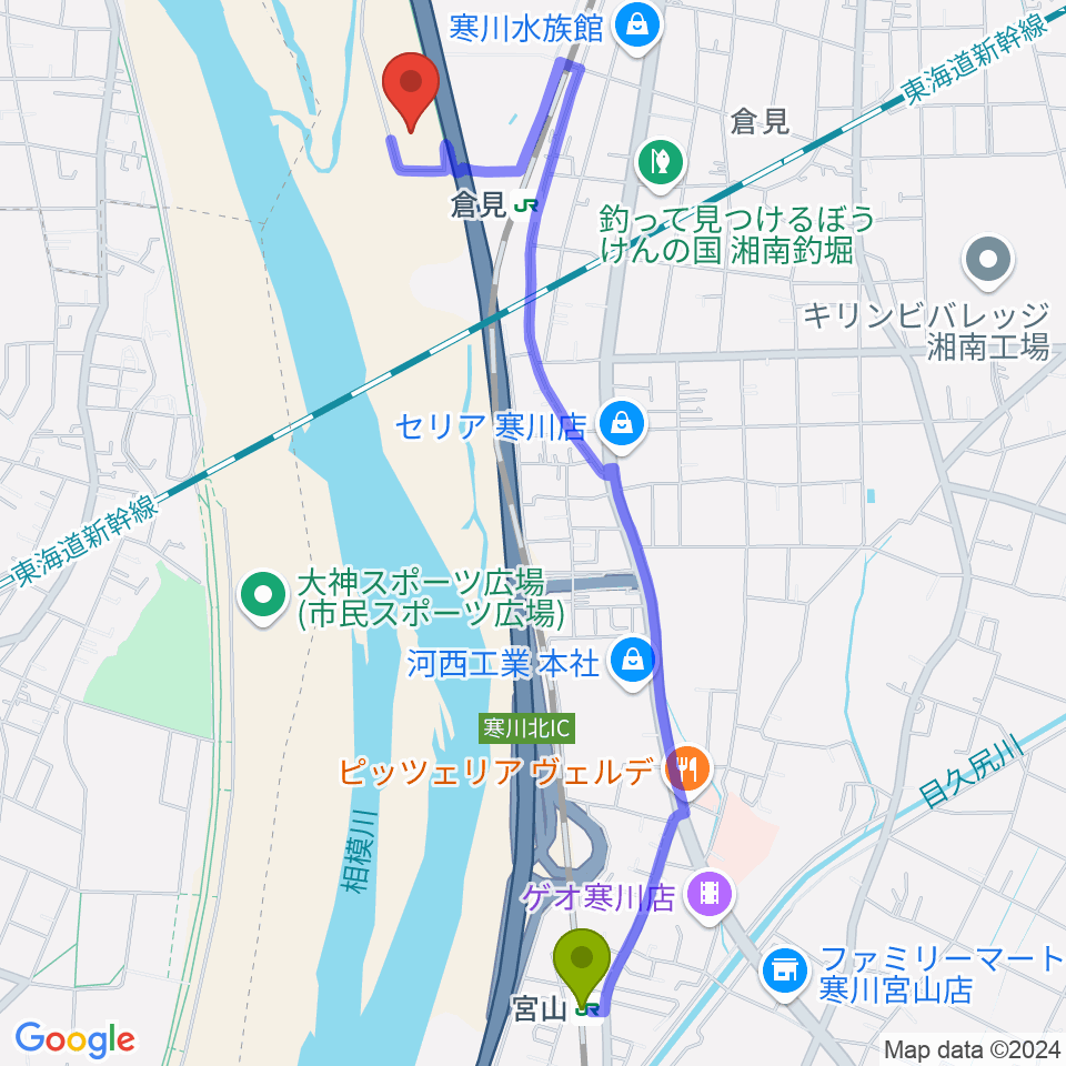 宮山駅から倉見スポーツ公園野球場へのルートマップ地図