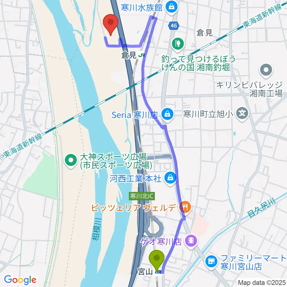 宮山駅から倉見スポーツ公園野球場へのルートマップ地図