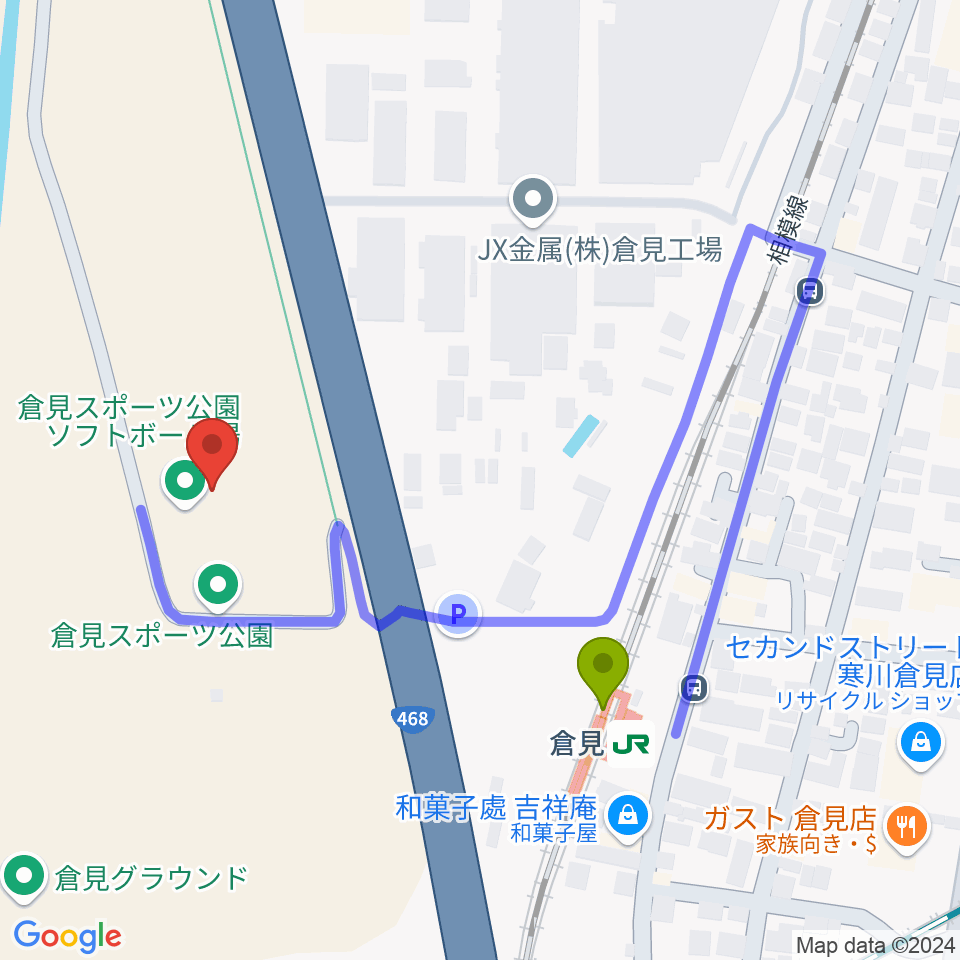 倉見スポーツ公園野球場の最寄駅倉見駅からの徒歩ルート（約4分）地図