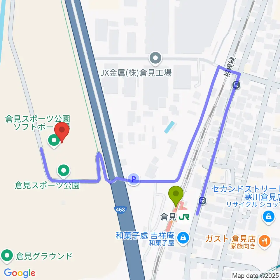 倉見スポーツ公園野球場の最寄駅倉見駅からの徒歩ルート（約4分）地図