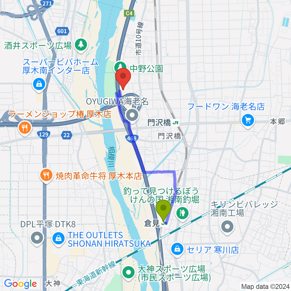 倉見駅から中野公園人工芝グラウンドへのルートマップ地図