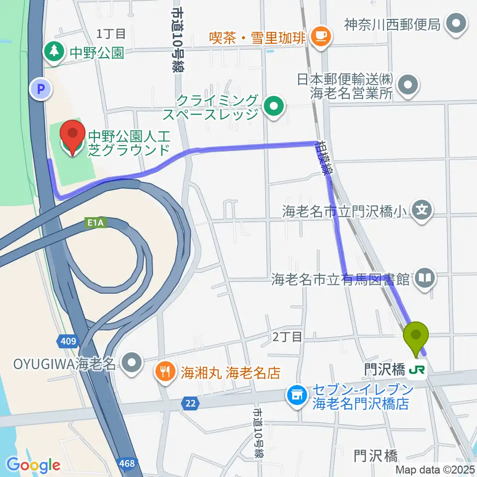 中野公園人工芝グラウンドの最寄駅門沢橋駅からの徒歩ルート（約13分）地図