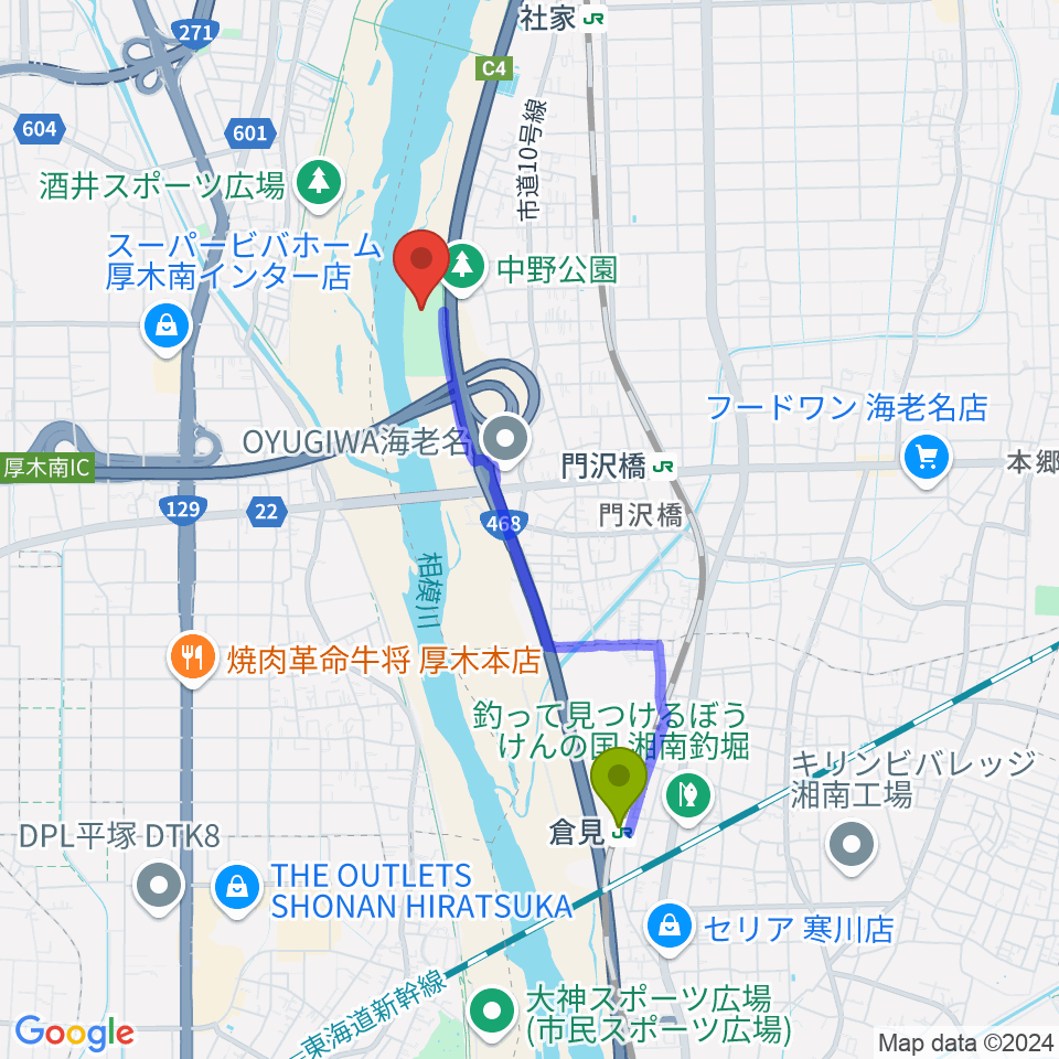 倉見駅から中野多目的広場へのルートマップ地図