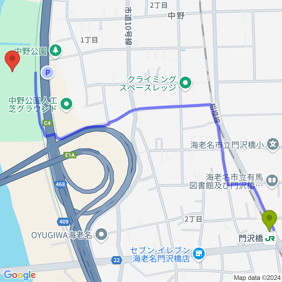 中野多目的広場の最寄駅門沢橋駅からの徒歩ルート（約17分）地図