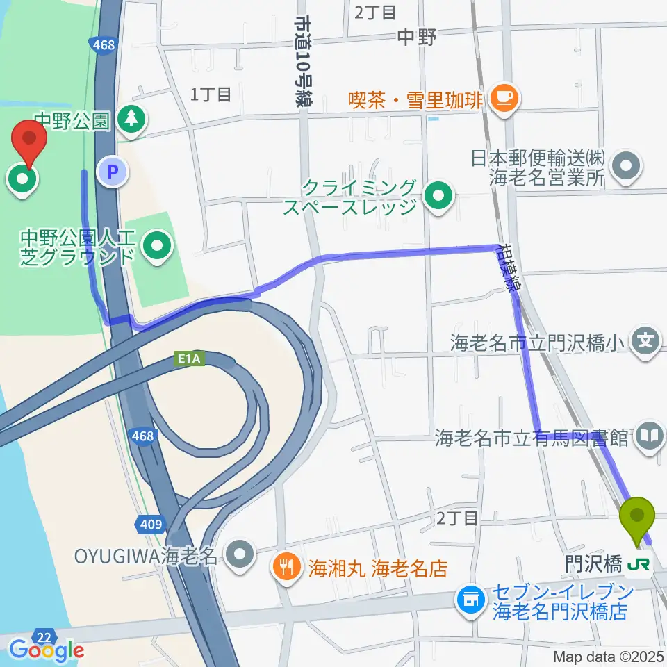 中野多目的広場の最寄駅門沢橋駅からの徒歩ルート（約17分）地図
