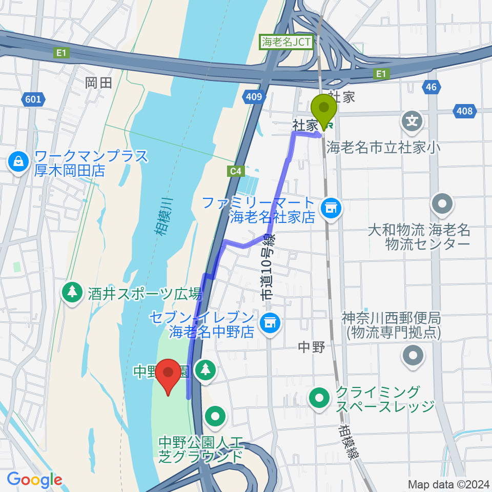 社家駅から中野多目的広場へのルートマップ地図