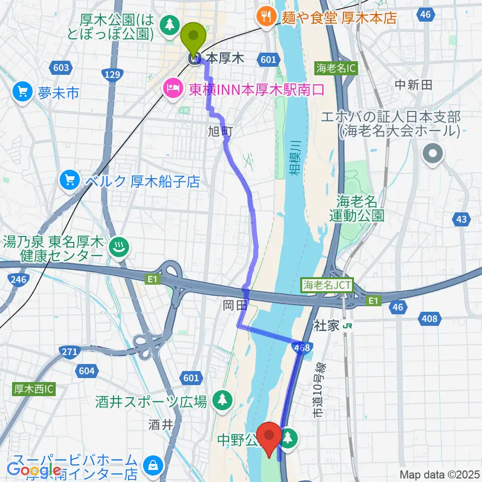 本厚木駅から中野多目的広場へのルートマップ MDATA