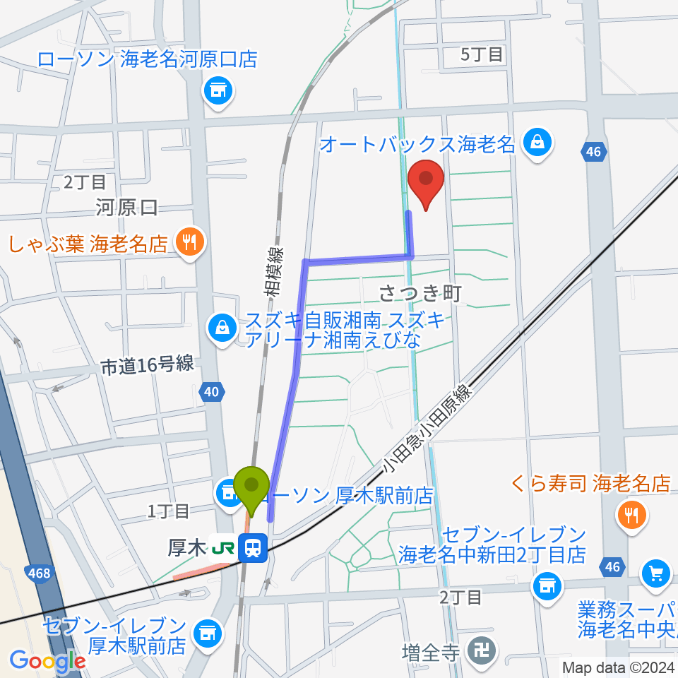 えびな市民活動センタービナレッジの最寄駅厚木駅からの徒歩ルート（約8分）地図