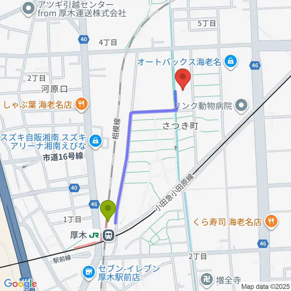えびな市民活動センタービナレッジの最寄駅厚木駅からの徒歩ルート（約8分）地図