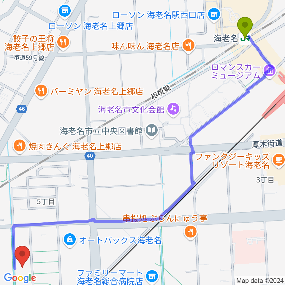 海老名駅からえびな市民活動センタービナレッジへのルートマップ地図