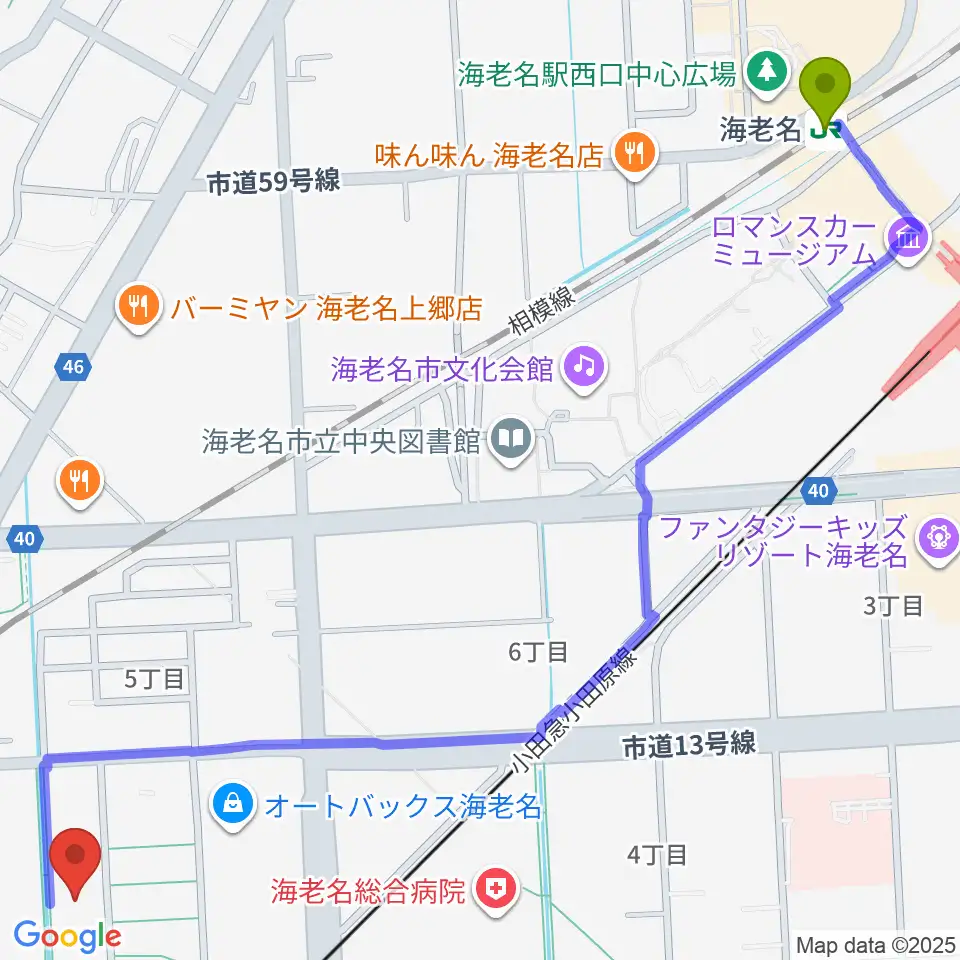 海老名駅からえびな市民活動センタービナレッジへのルートマップ地図