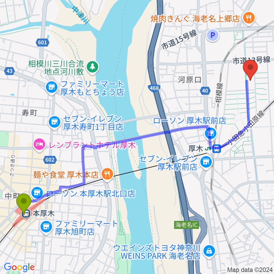 本厚木駅からえびな市民活動センタービナレッジへのルートマップ地図