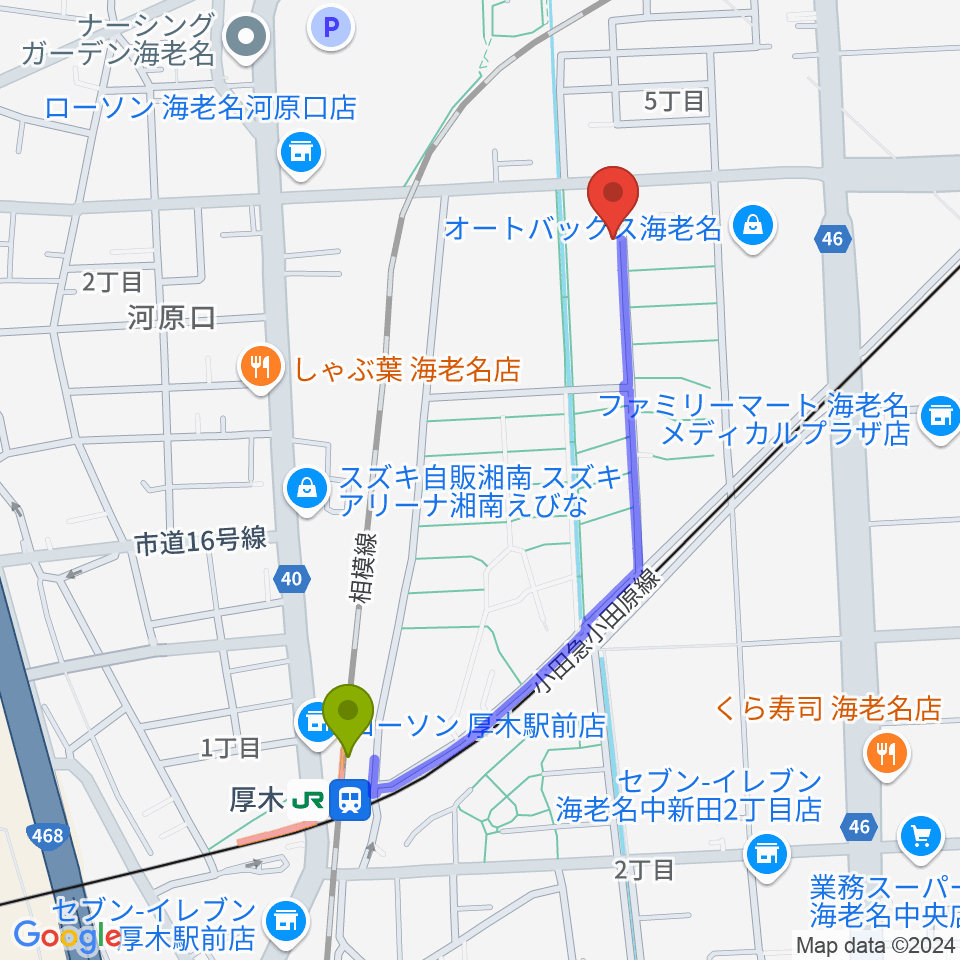 えびな市民活動センタービナスポの最寄駅厚木駅からの徒歩ルート（約9分）地図