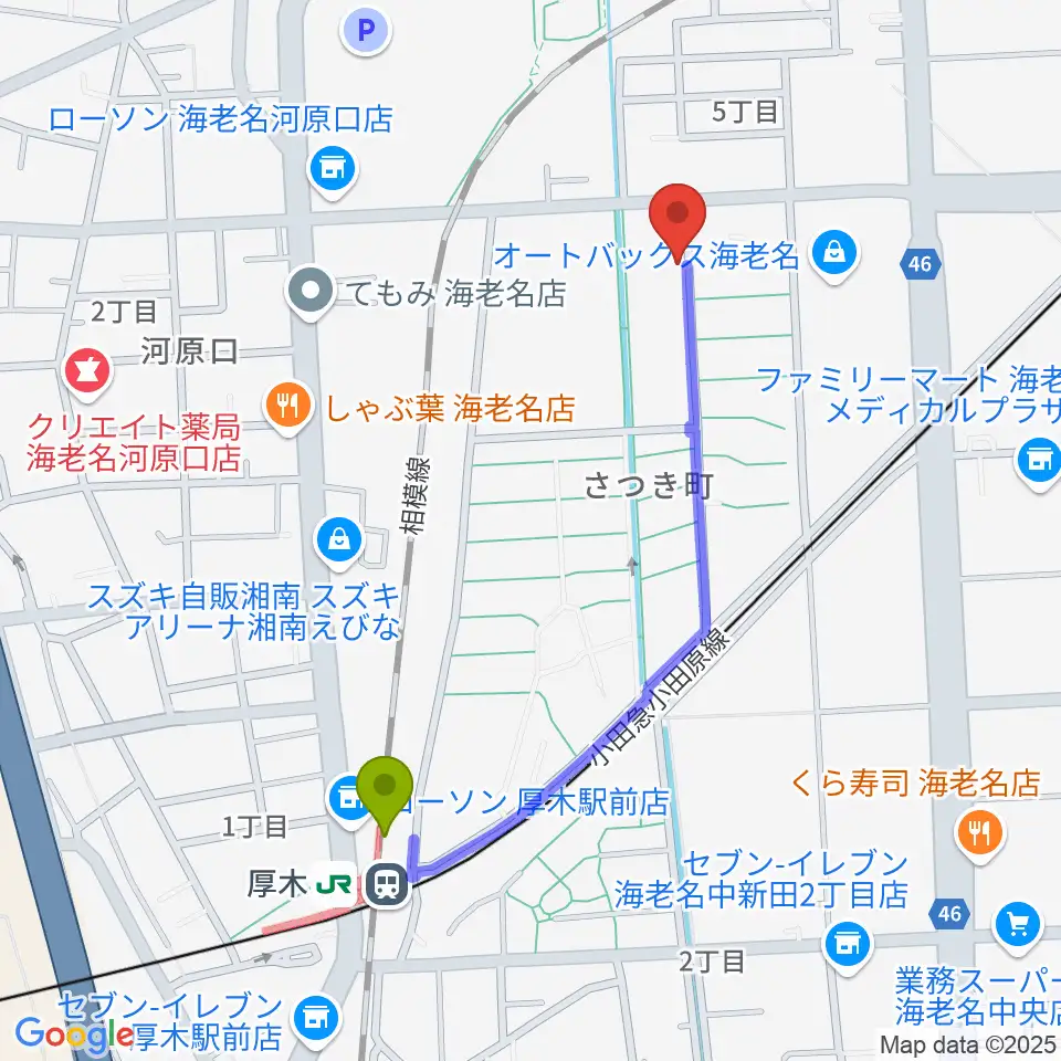 えびな市民活動センタービナスポの最寄駅厚木駅からの徒歩ルート（約9分）地図