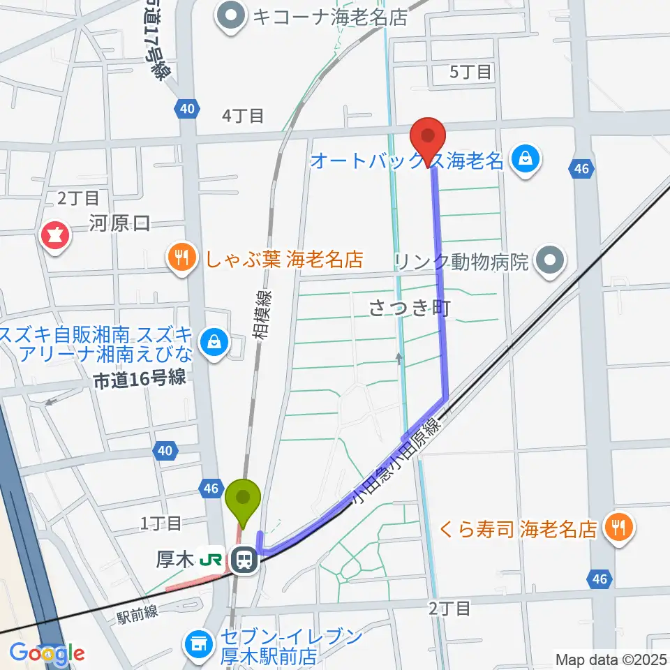 えびな市民活動センタービナスポの最寄駅厚木駅からの徒歩ルート（約9分）地図