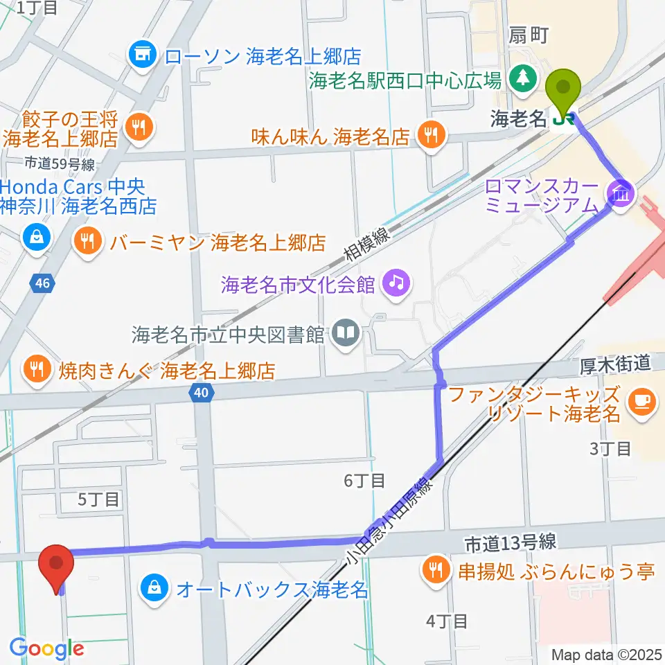 海老名駅からえびな市民活動センタービナスポへのルートマップ地図