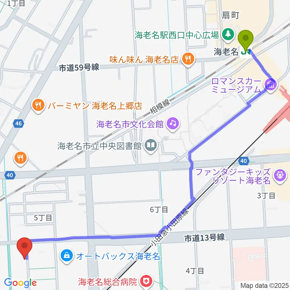 海老名駅からえびな市民活動センタービナスポへのルートマップ地図