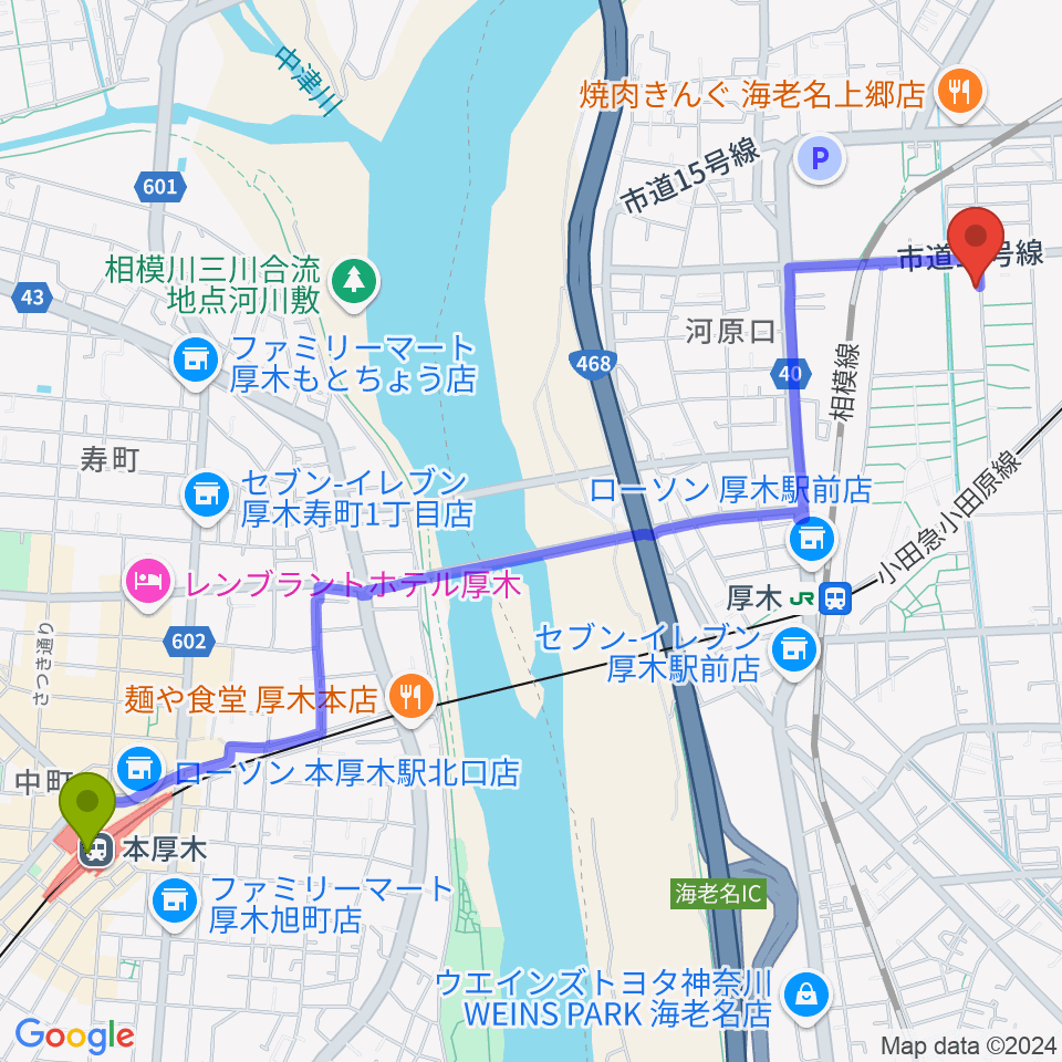 本厚木駅からえびな市民活動センタービナスポへのルートマップ地図