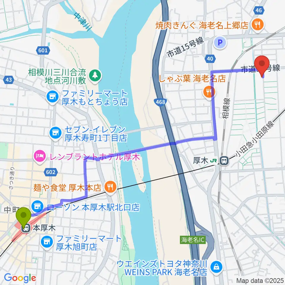 本厚木駅からえびな市民活動センタービナスポへのルートマップ地図