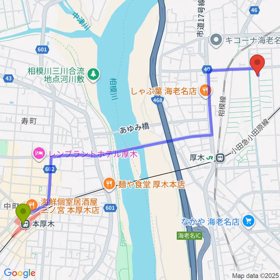 本厚木駅からえびな市民活動センタービナスポへのルートマップ地図