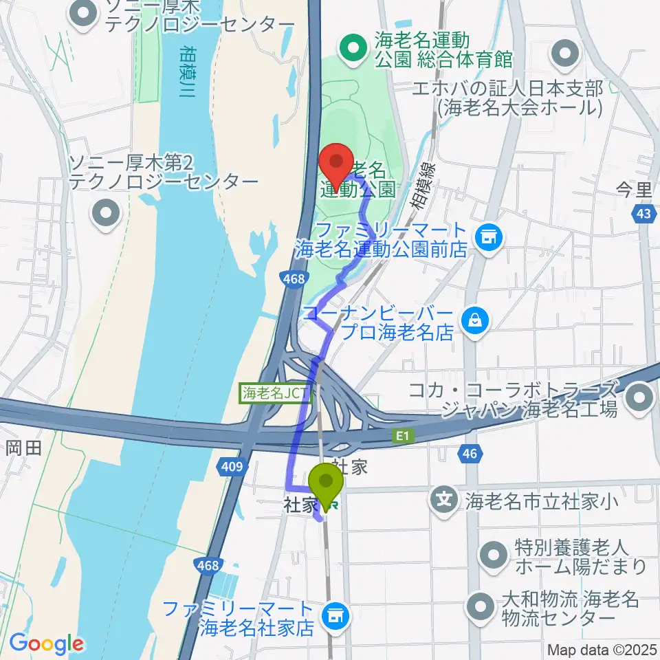 海老名運動公園多目的広場の最寄駅社家駅からの徒歩ルート（約15分）地図