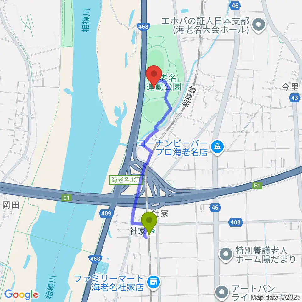 海老名運動公園多目的広場の最寄駅社家駅からの徒歩ルート（約15分）地図