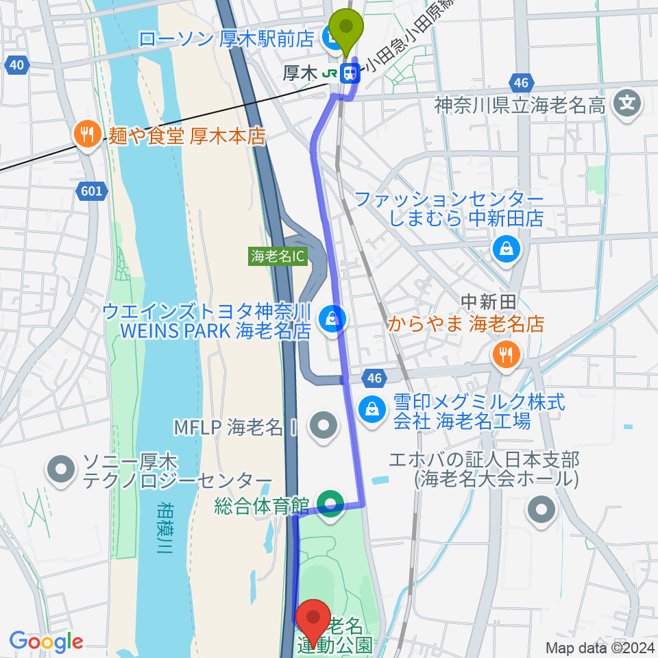 厚木駅から海老名運動公園多目的広場へのルートマップ地図