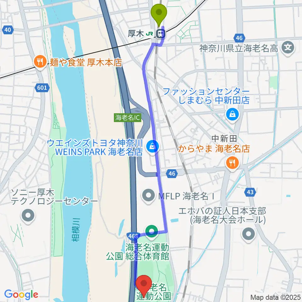 厚木駅から海老名運動公園多目的広場へのルートマップ地図