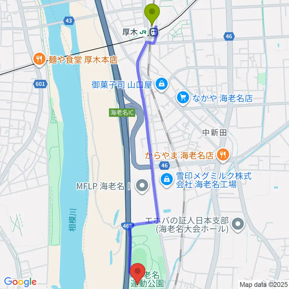 厚木駅から海老名運動公園多目的広場へのルートマップ地図