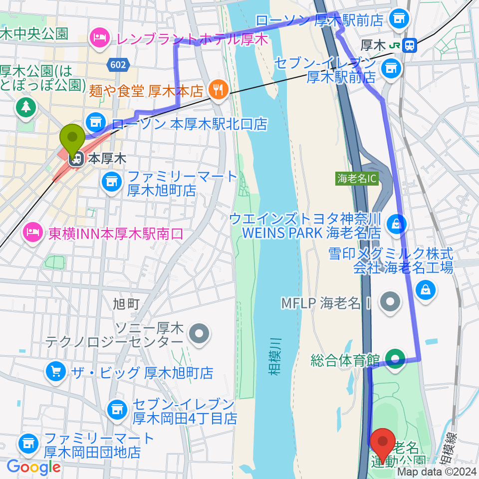 本厚木駅から海老名運動公園多目的広場へのルートマップ地図