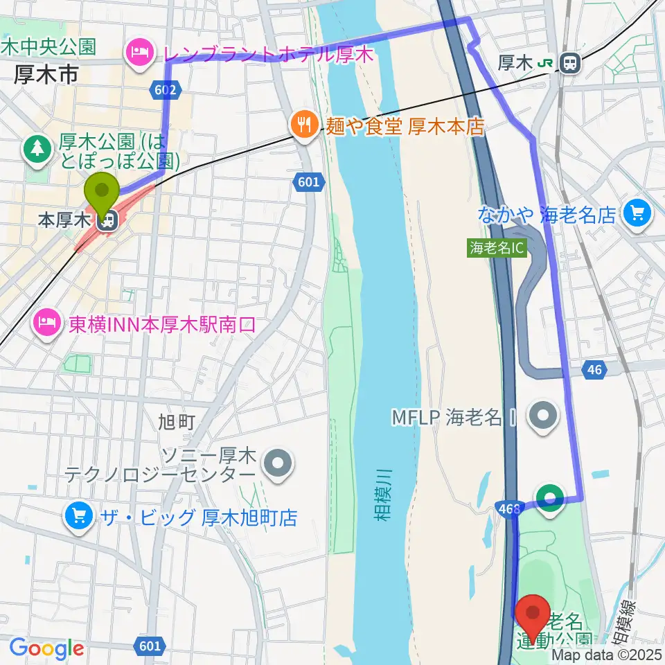 本厚木駅から海老名運動公園多目的広場へのルートマップ地図